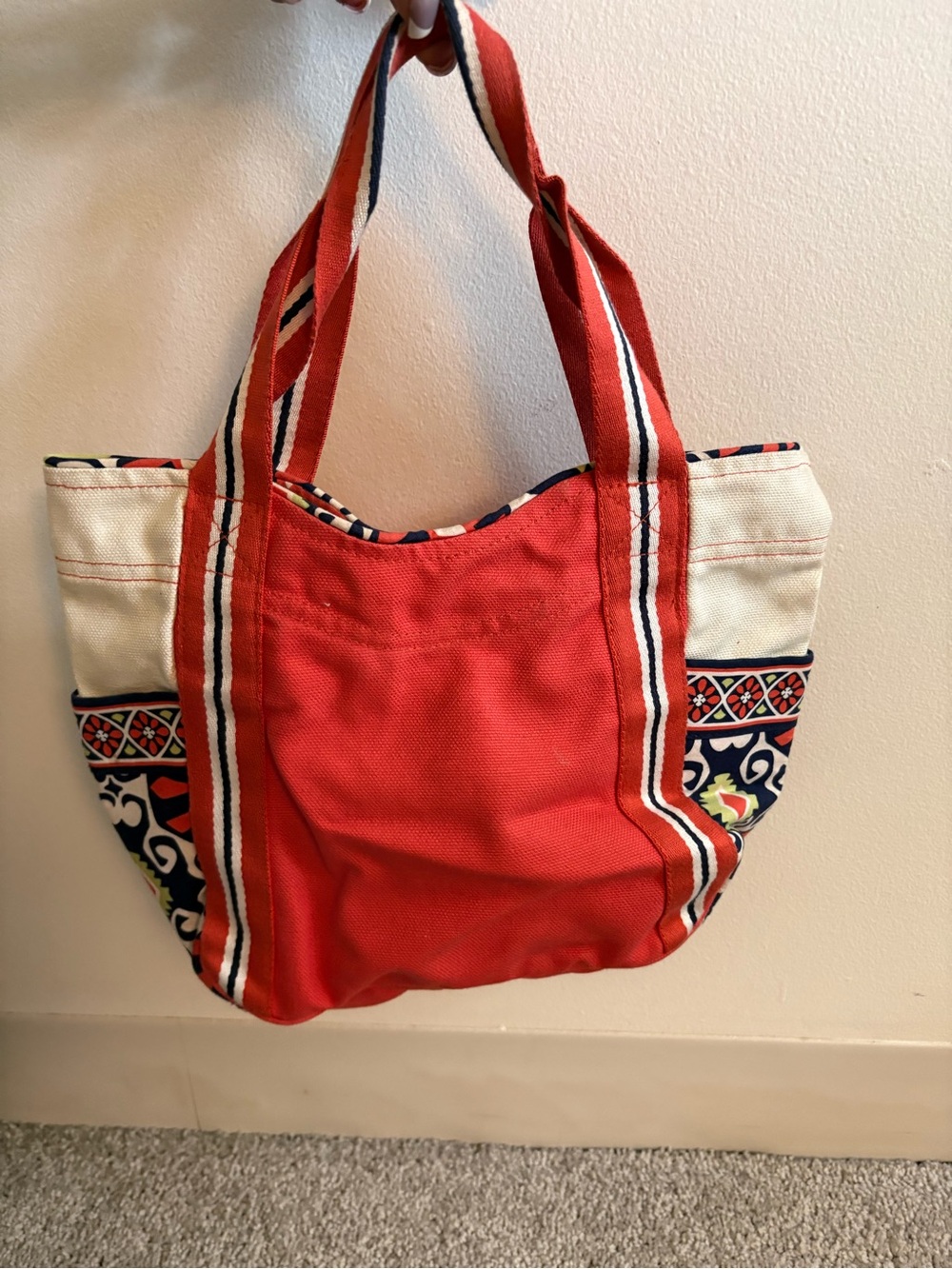 Vera Bradley Red Canvas Tote with Patterned Side Panels